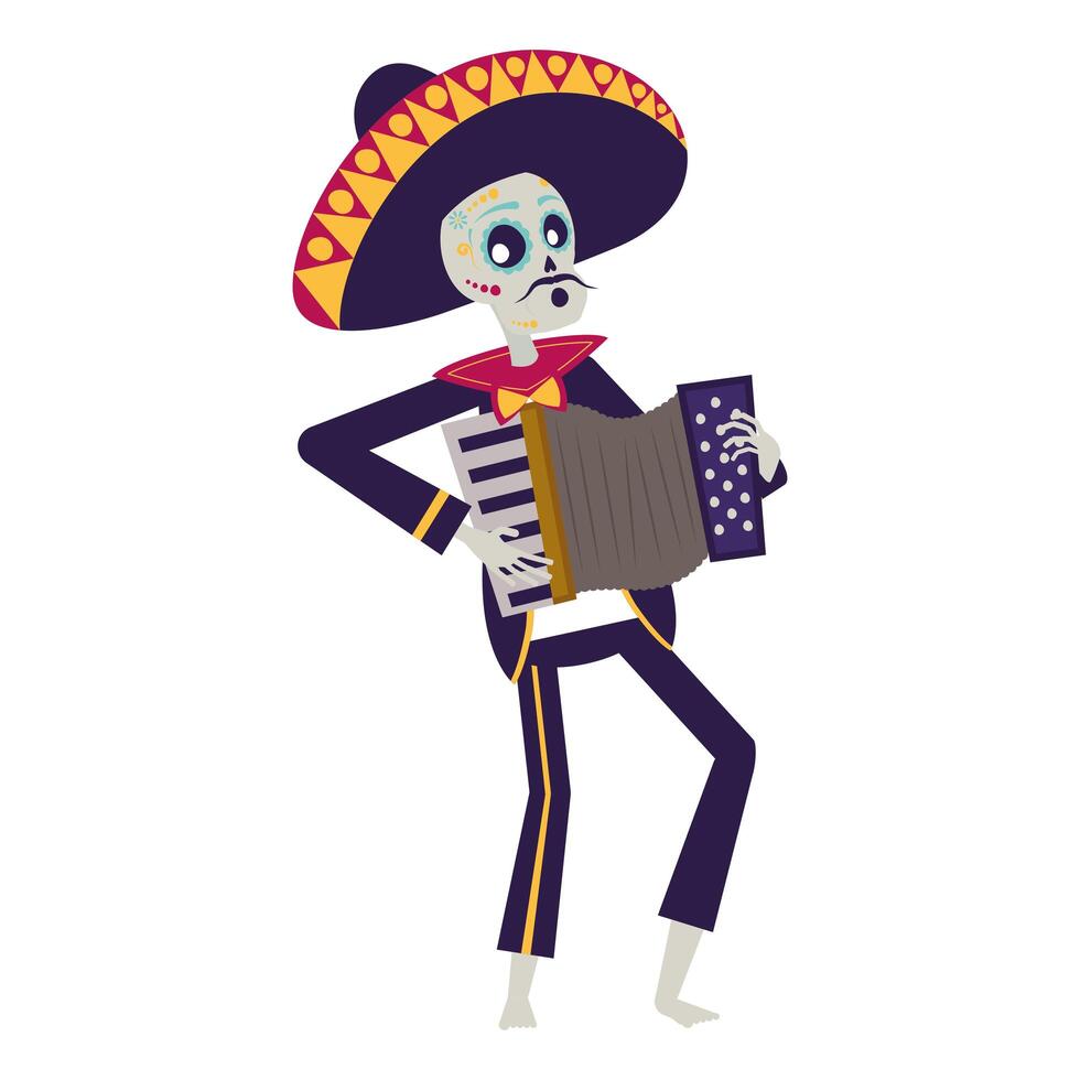 mariachi calavera tocando acordeón personaje de cómic vector