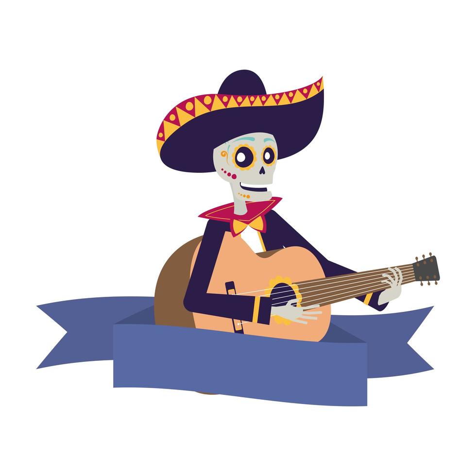 mariachi calavera tocando la guitarra personaje cómico vector