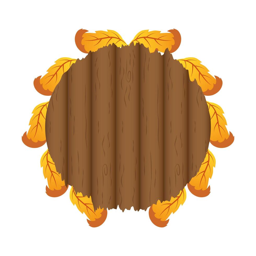 autumn circular wooden frame with leafs decoration vector