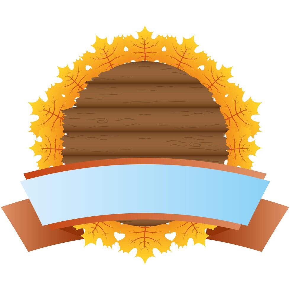 autumn circular wooden frame with leafs and ribbon vector