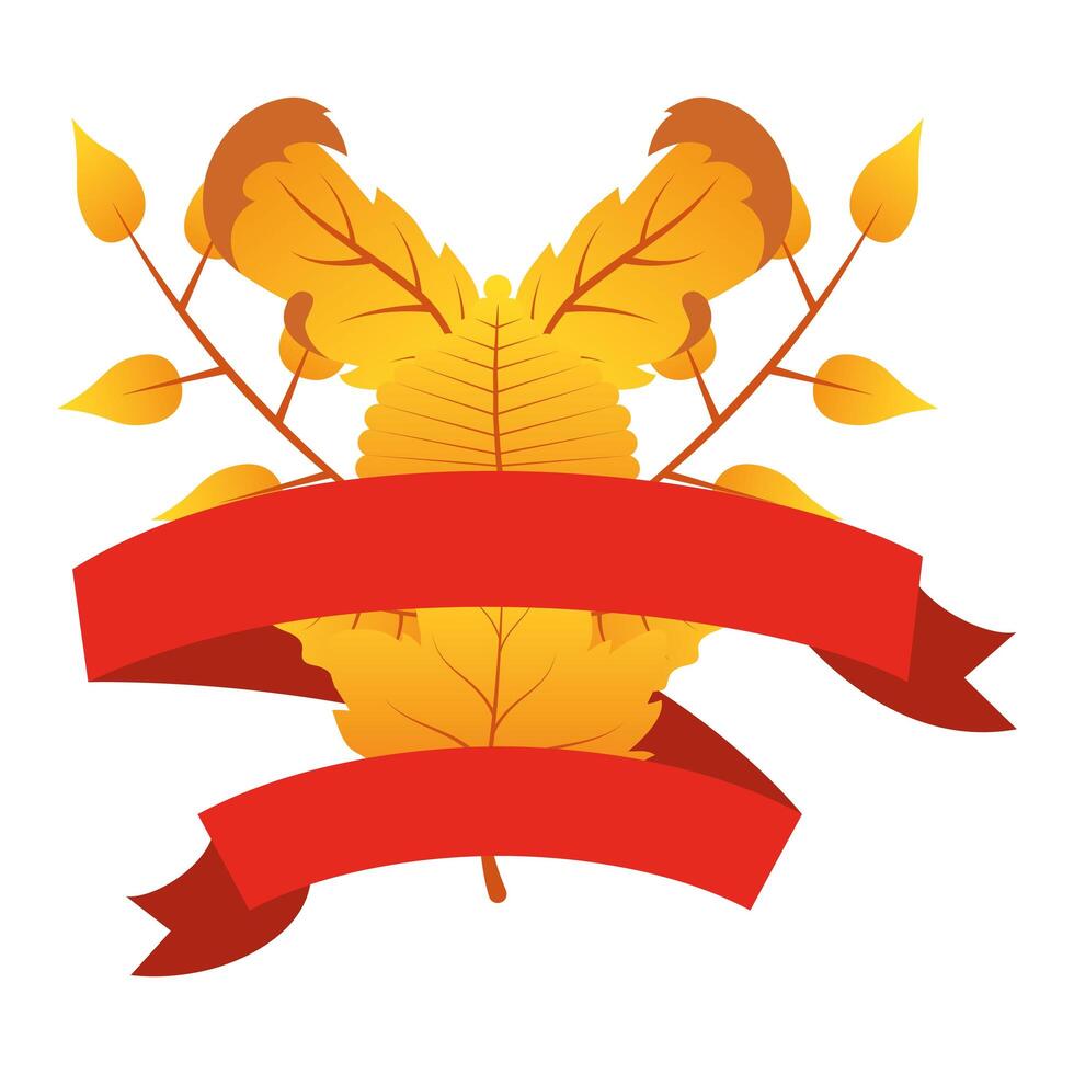 autumn leafs foliage with red ribbon seasonal decoration vector