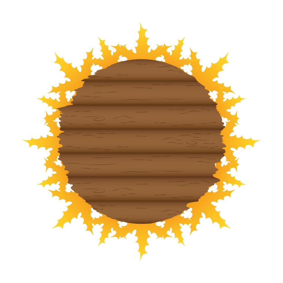 autumn circular wooden frame with leafs decoration vector