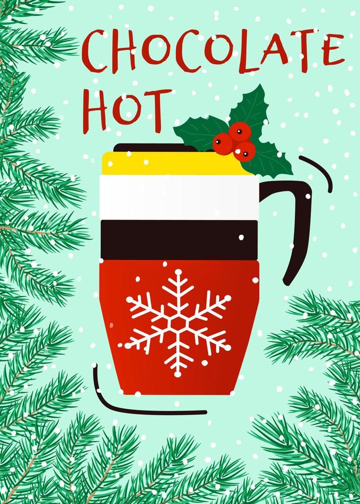 Mug of hot chocolate with sprig Holly. Promotional holiday banner. Vector illustration isolated.