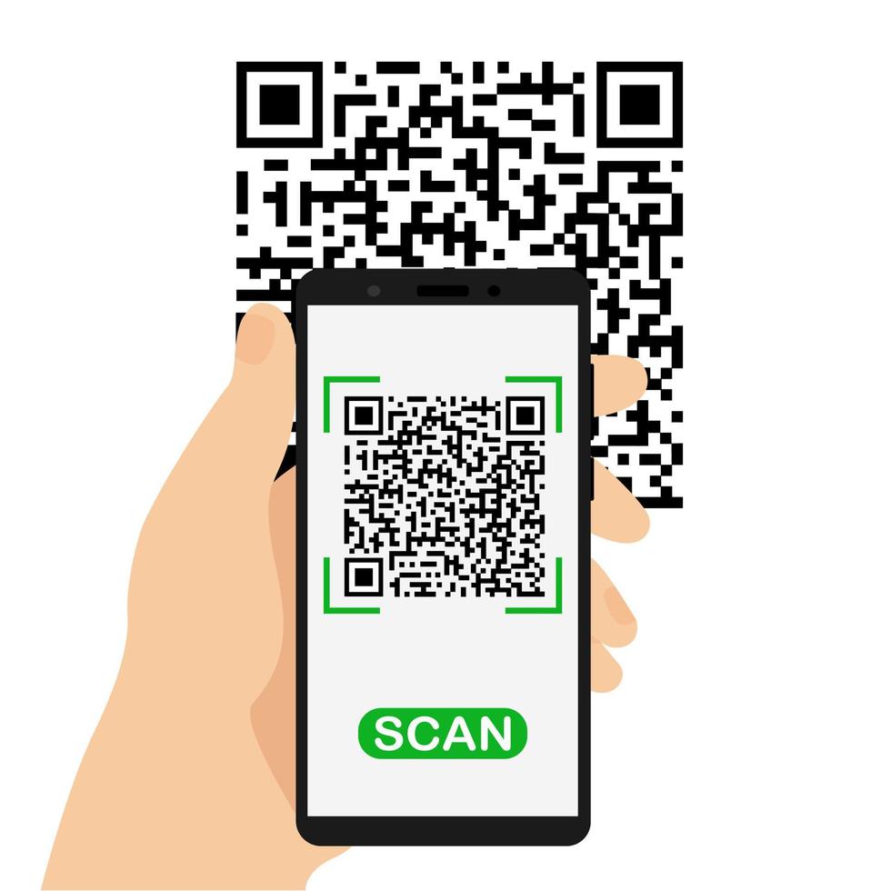 Hand Holding Phone Scans the QR Code. vector