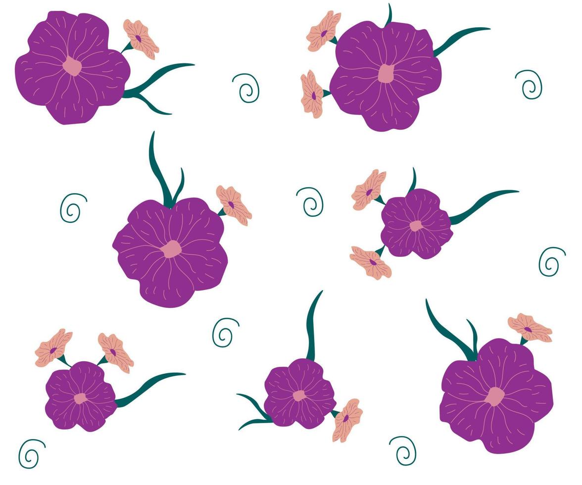 seamless pattern of purple petunias on a white background vector