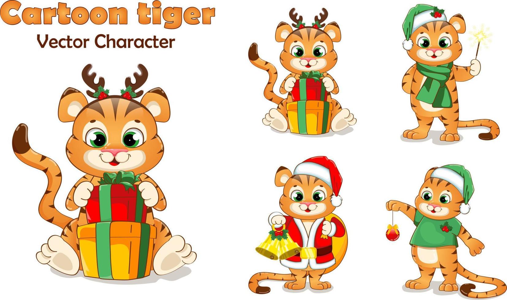 Cartoon tiger vector character. Christmas theme