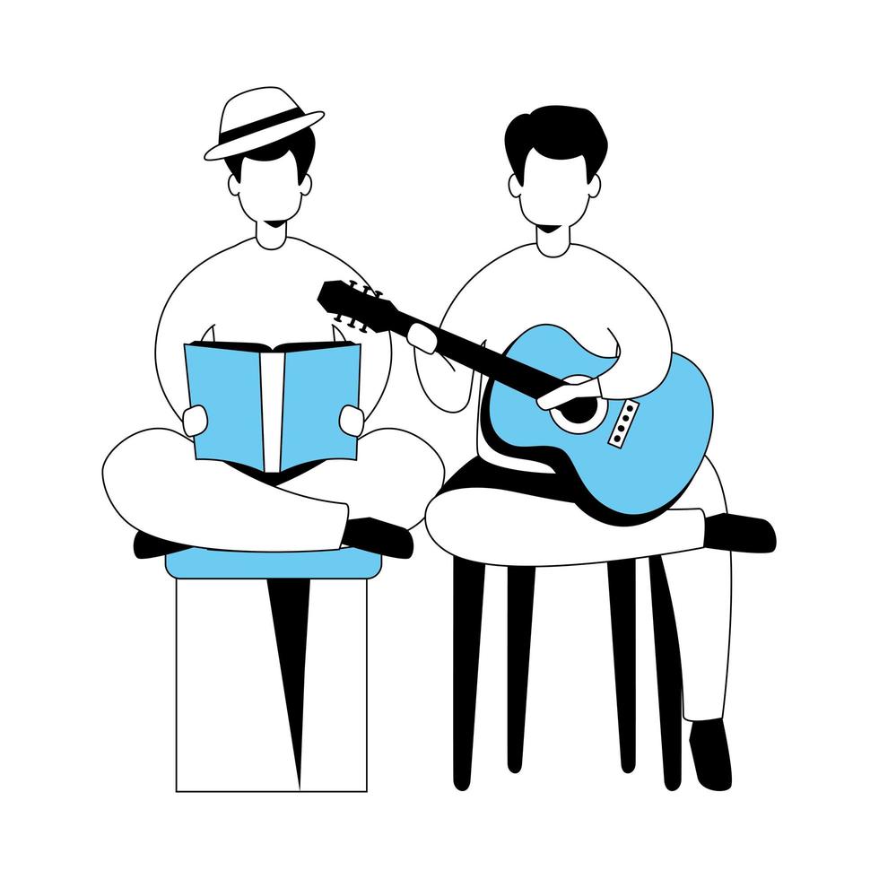 Hombres con guitarra y libro icono aislado vector