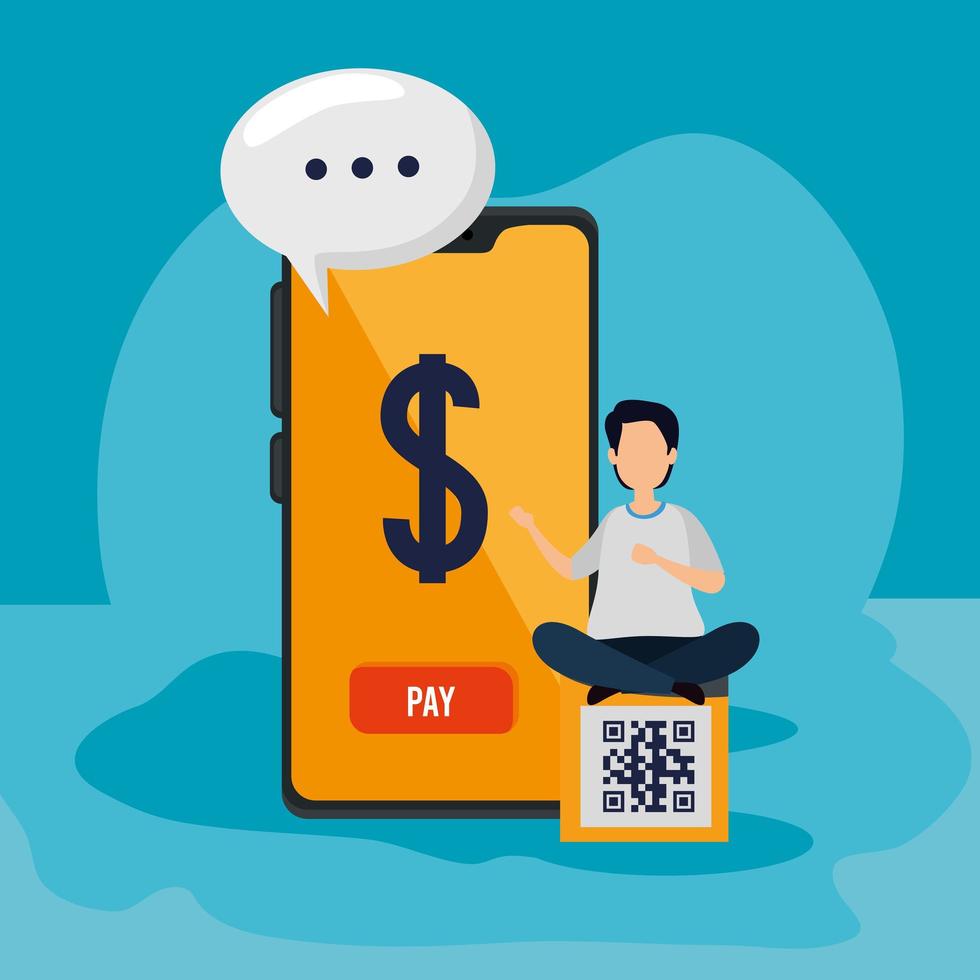 scan code qr in smartphone with man and icons vector