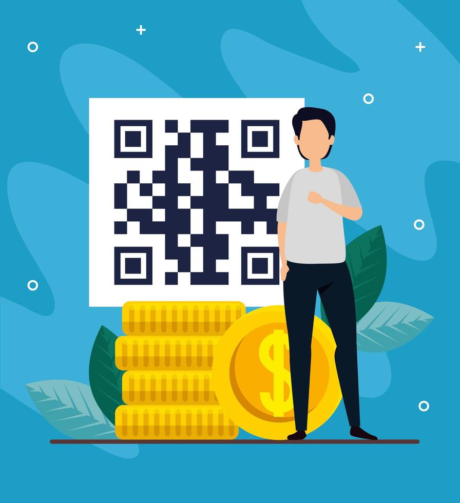 man with code qr and icons vector