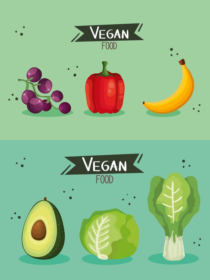 set of vegan food poster with vegetables and fruits vector