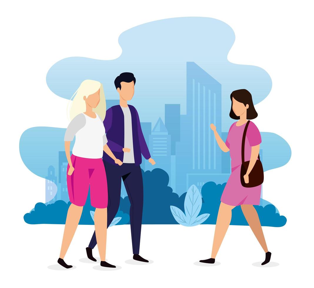 group of young people in cityscape avatar characters vector