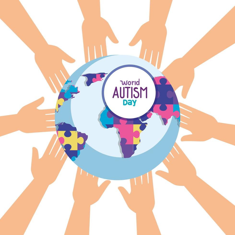 world autism day with world planet and hands vector