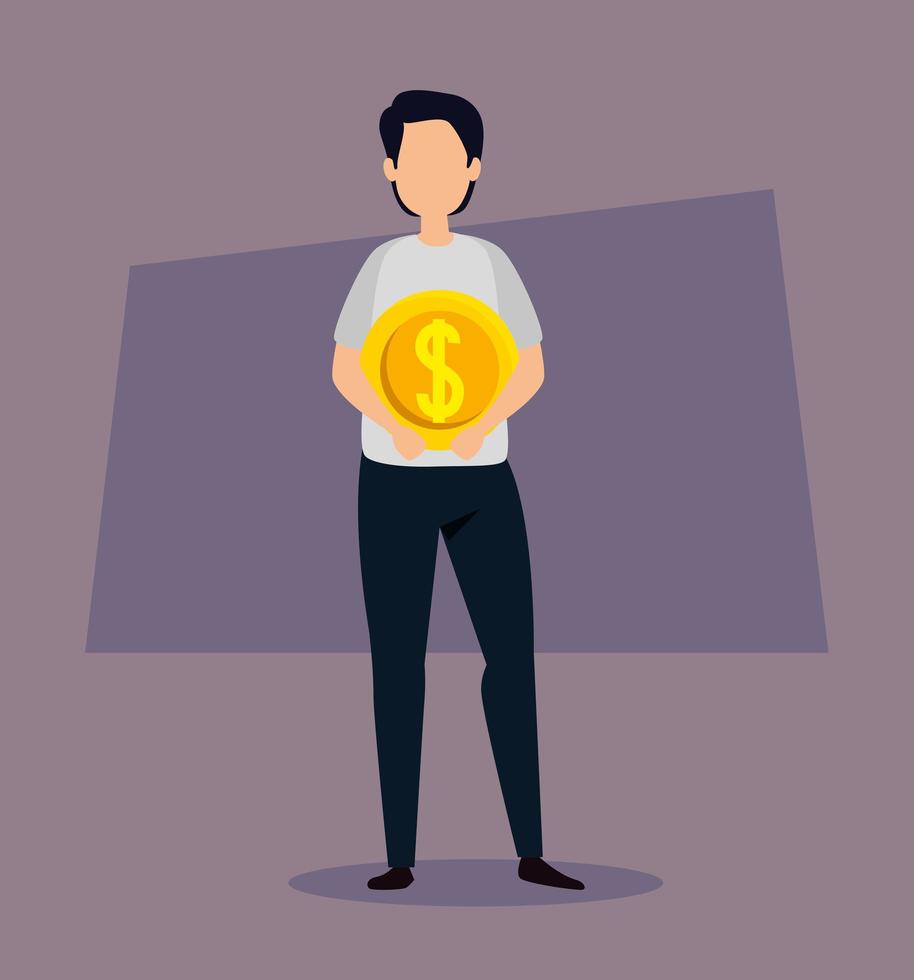 young man with coin dollar vector