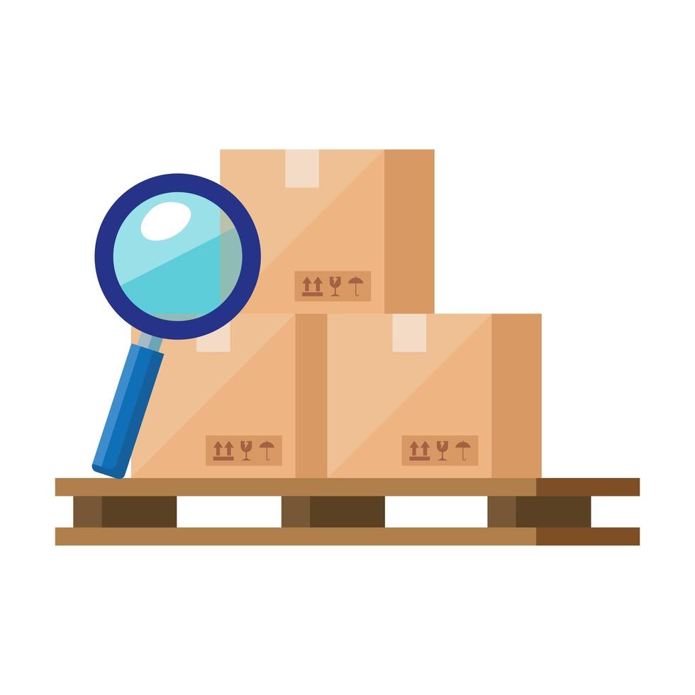 boxes packages with magnifying glass isolated icons vector