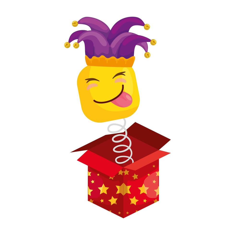 divertido emoticon cuadrado con lengua afuera y sombrero buffon en caja sorpresa vector