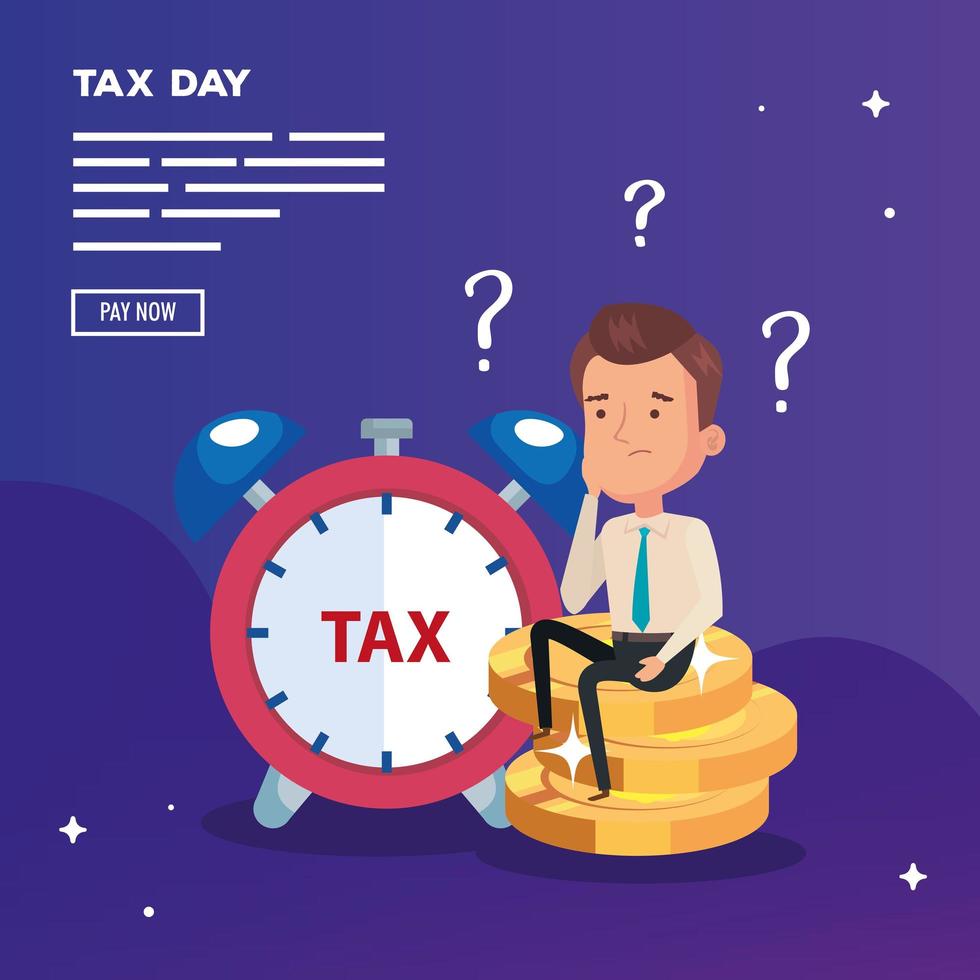 tax day poster with businessman and icons vector