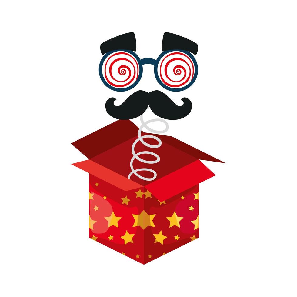 mask with crazy glasses and moustache in box surprise vector