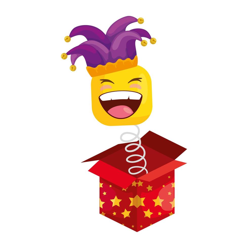 funny square emoticon smiling with hat buffon in box surprise vector