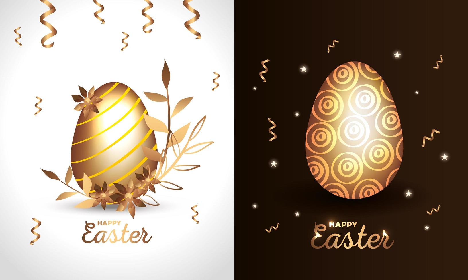 conjunto de tarjetas de feliz pascua doradas con decoración vector