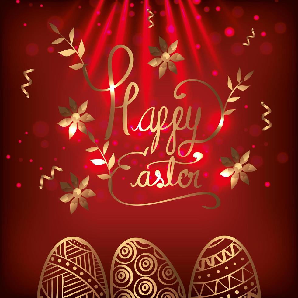 happy easter card golden with eggs decorated vector