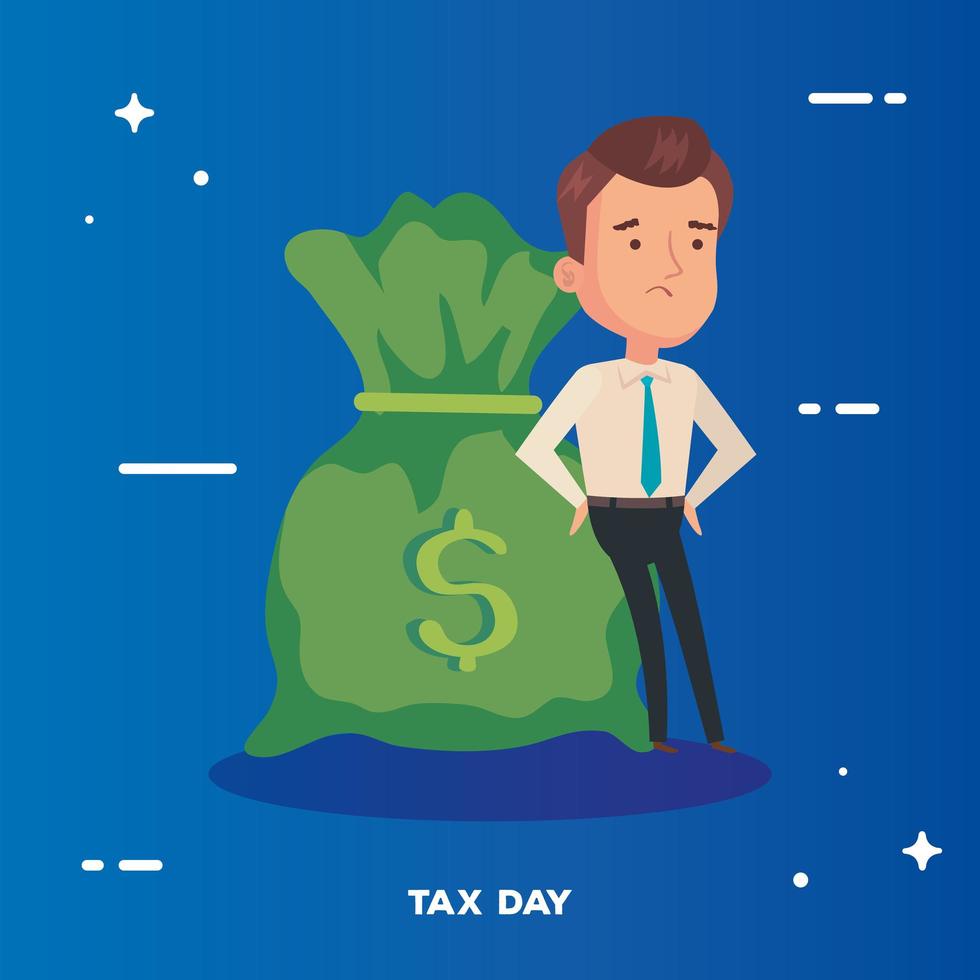 tax day poster with businessman and bag money vector