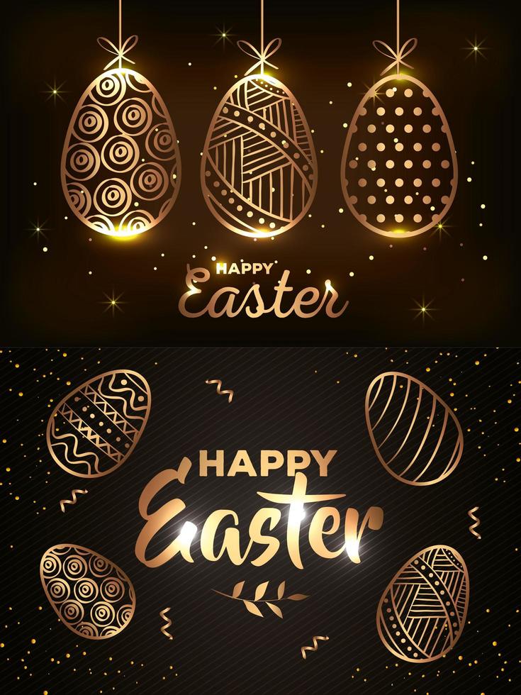 set of happy easter cards golden with decoration vector