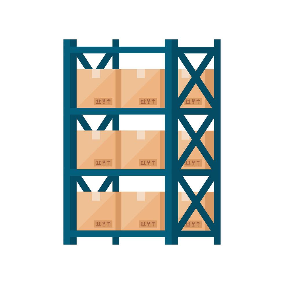 warehouse metal shelving with boxes isolated icon vector