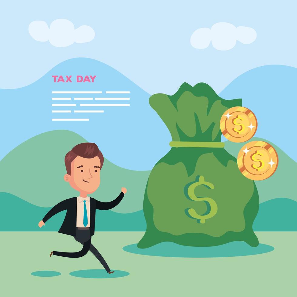 tax day poster with businessman in landscape with icons vector