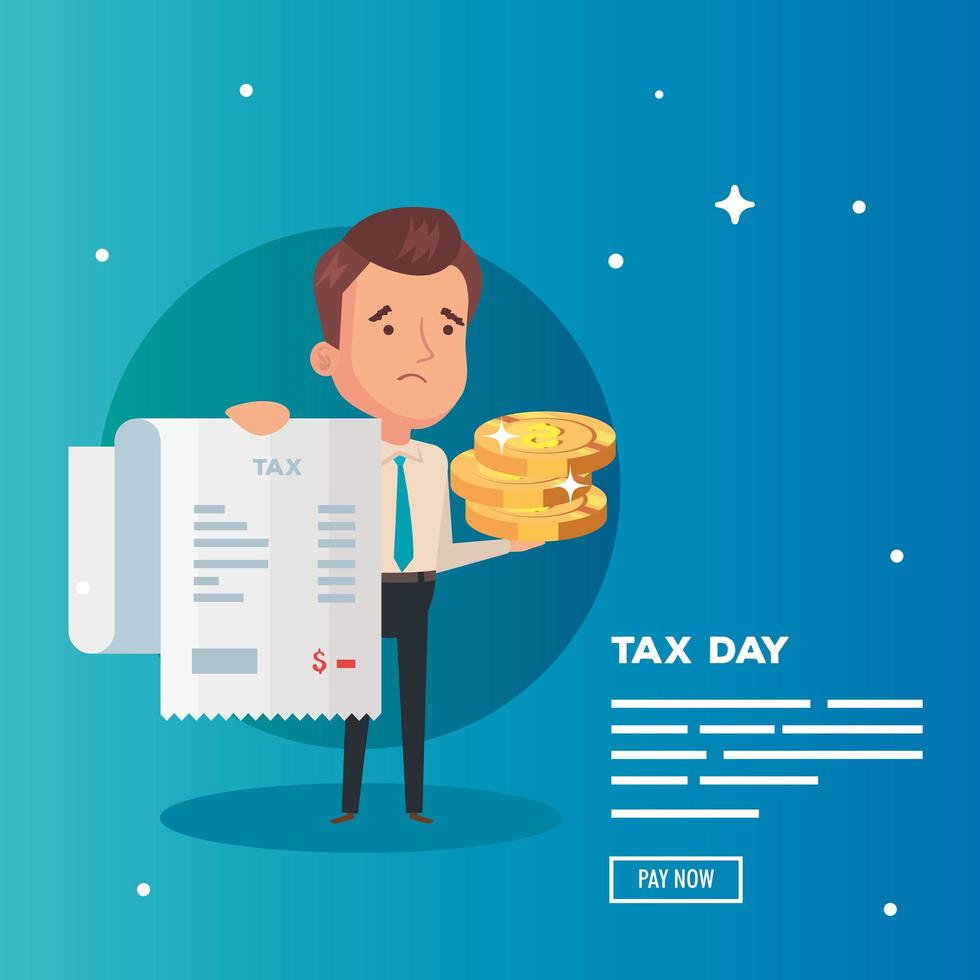 tax day poster with businessman and icons vector