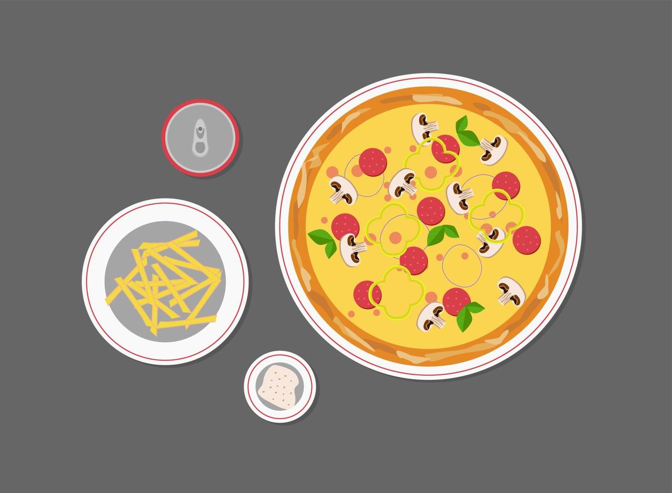 comida rápida con papas fritas, pizza, lata de refresco. vector