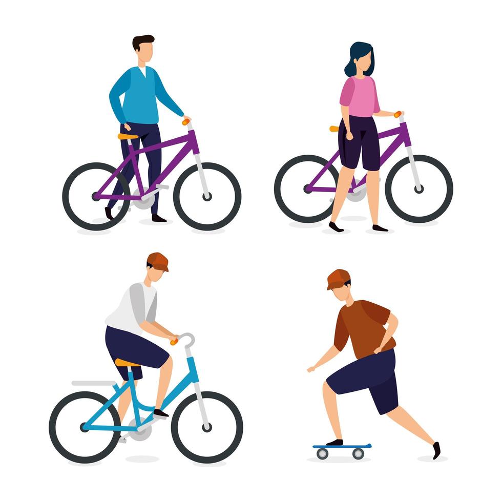 jóvenes con bicicletas y patineta. vector