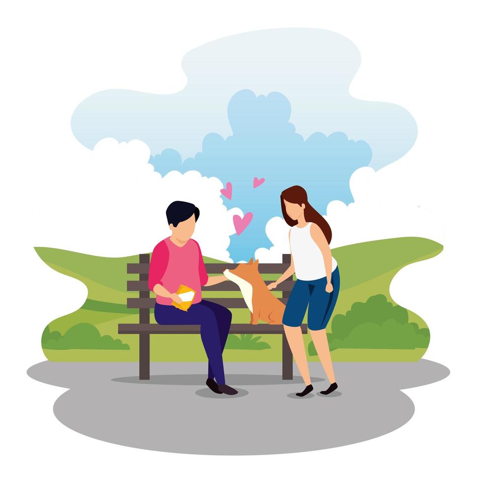 couple with dog in park landscape vector