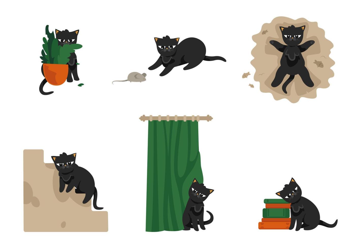 Domestic black cat in different poses. Pet in cartoon style vector