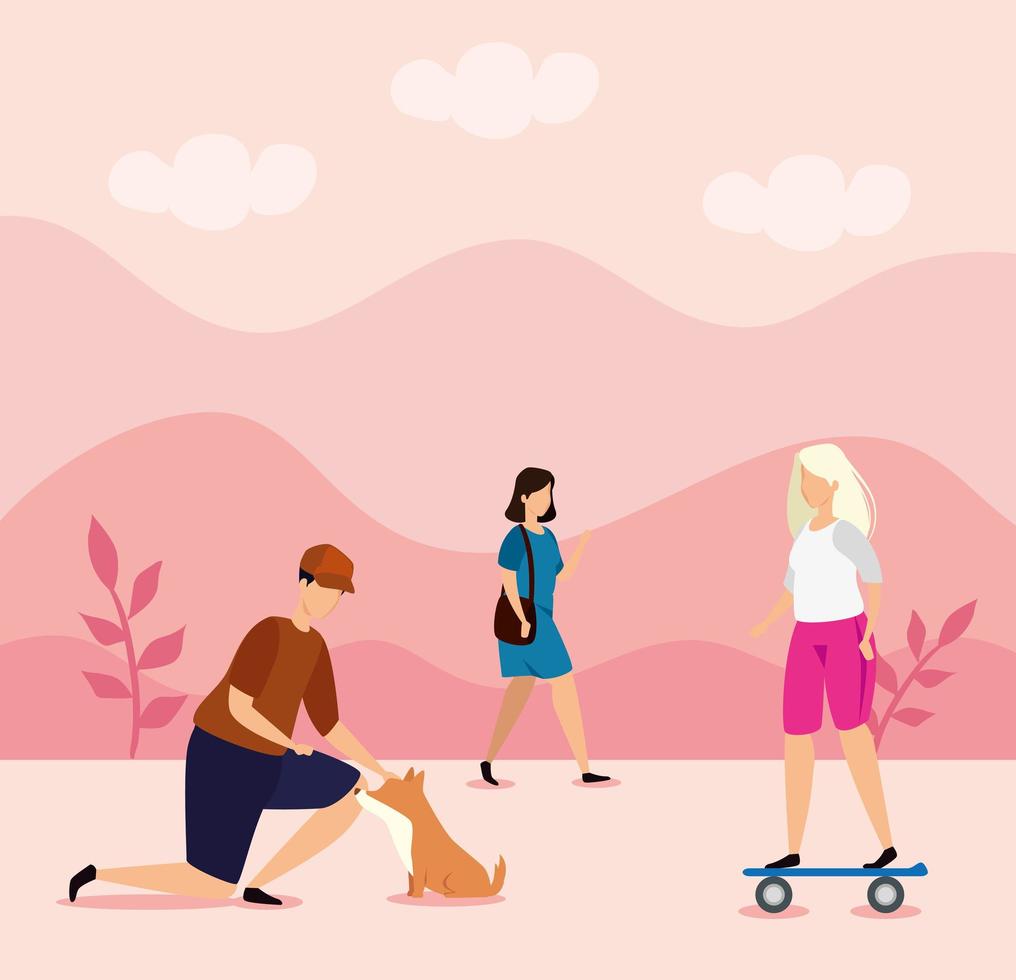 couple with dog in landscape nature vector