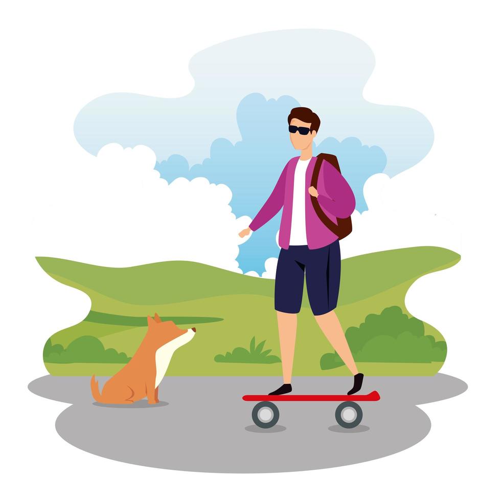 Hombre en patineta con mascota perro en paisaje vector