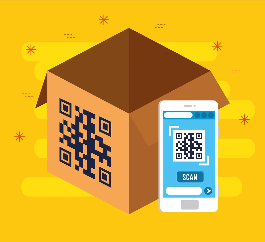 código qr dentro del diseño de vector de caja y teléfono inteligente