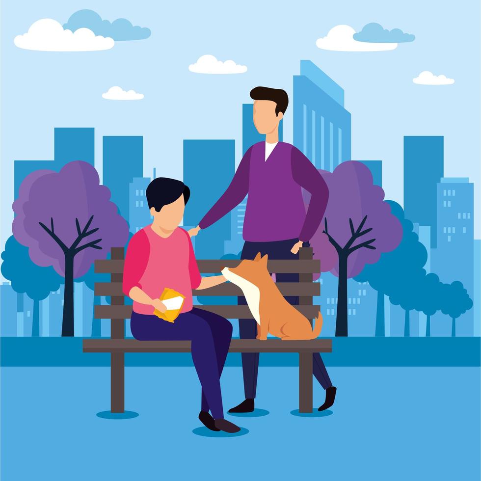 men with wooden chair of park and dog vector