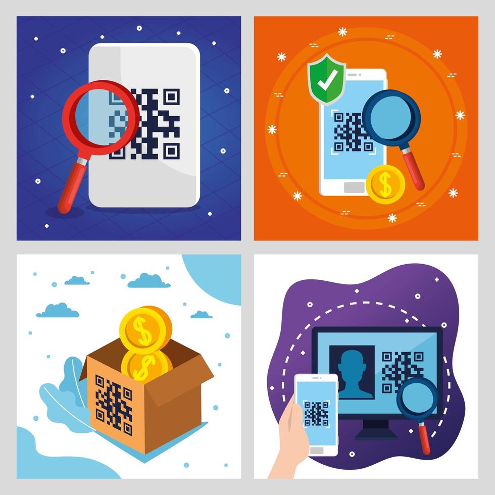 qr code inside smartphones lupe computer and box vector design