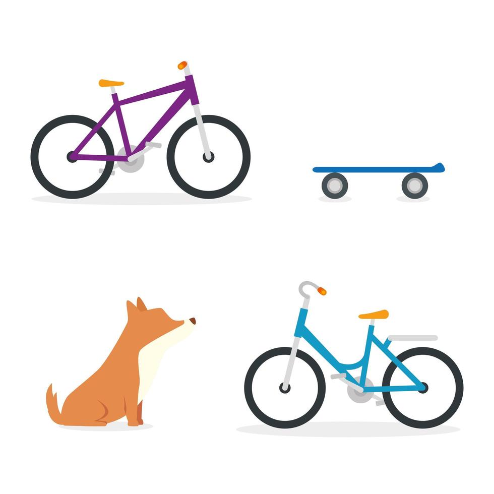 bicicletas con patineta y perro animal. vector