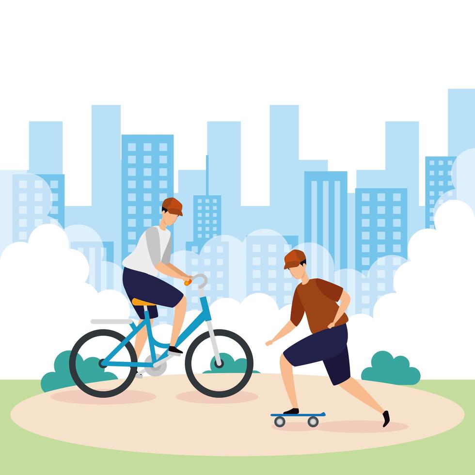 hombres con bicicleta y patineta en el paisaje urbano vector