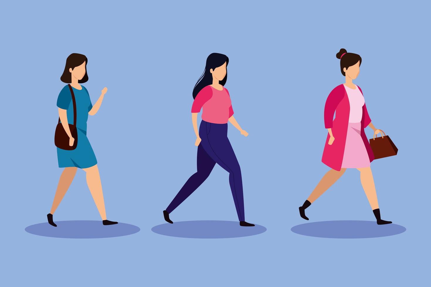 grupo de mujeres caminando iconos de personaje de avatar vector