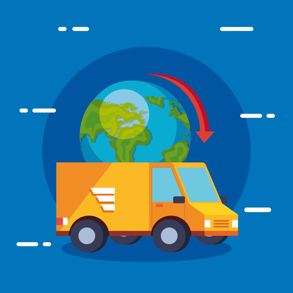 delivery service van with world planet isolated icon vector