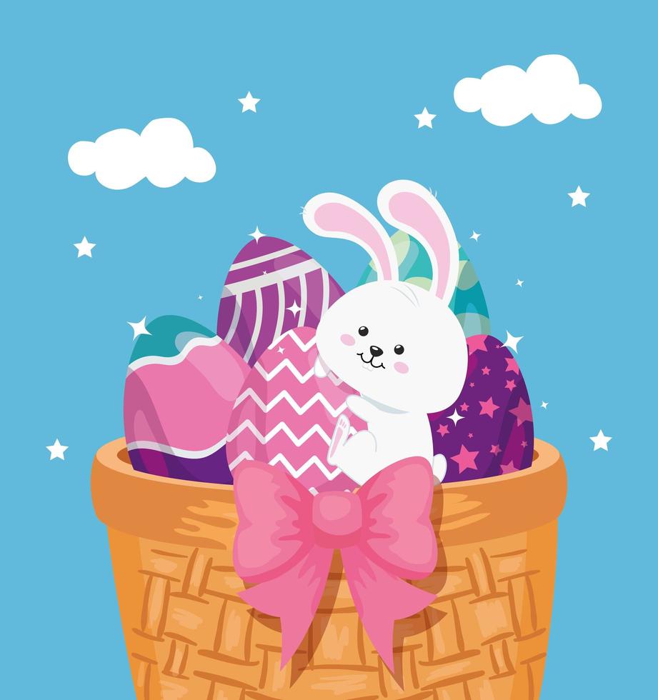 cute eggs easter with rabbit in basket wicker vector