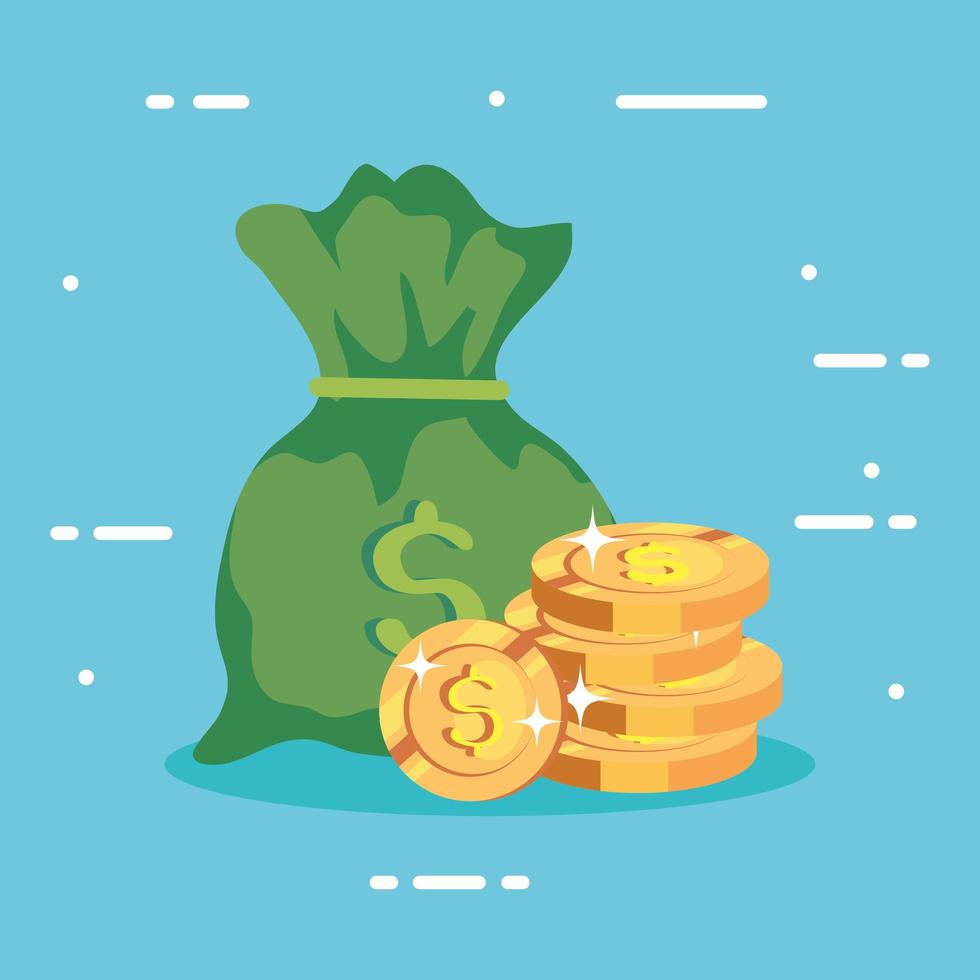 money bag with pile coins vector