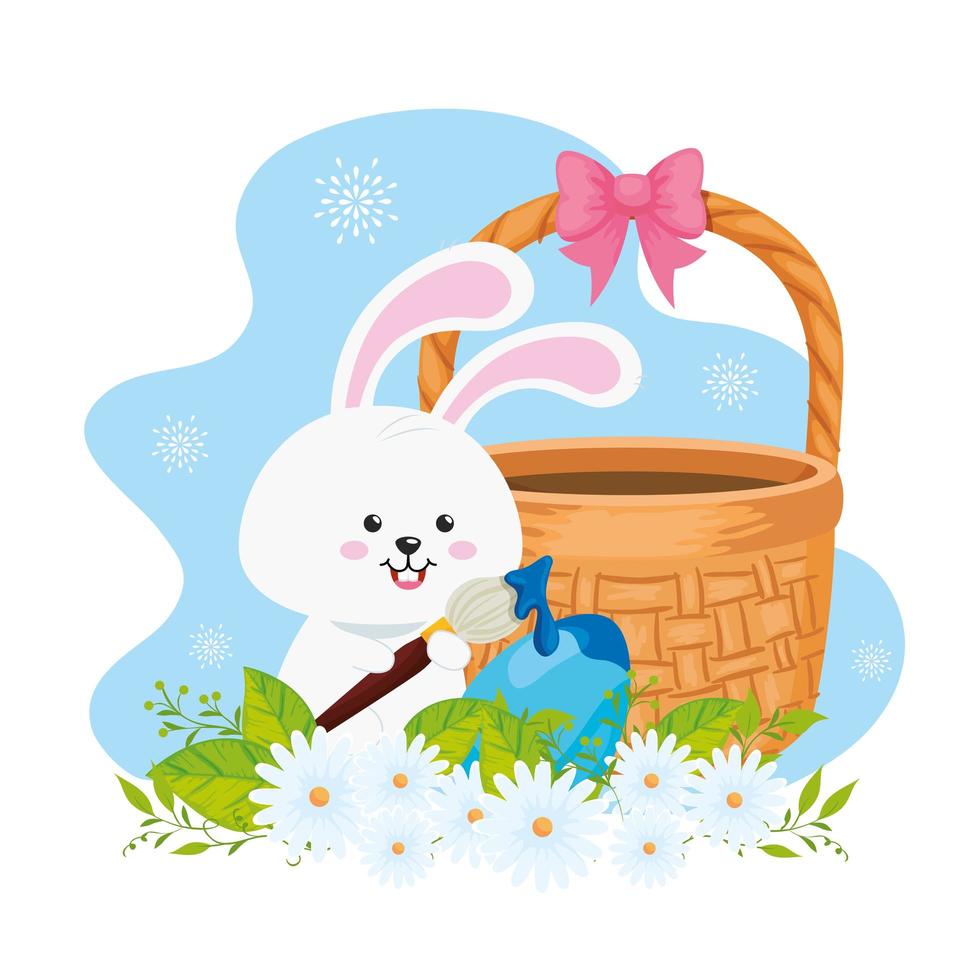 bunny with basket wicker and egg easter vector