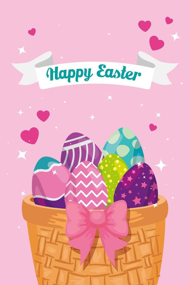 happy easter card with eggs decorated in basket wicker vector