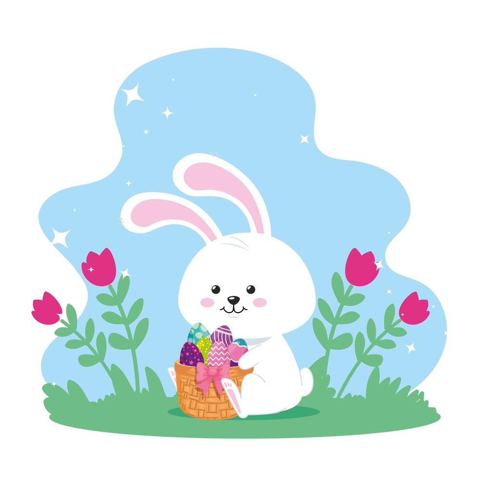 rabbit with eggs easter in basket wicker and decoration vector