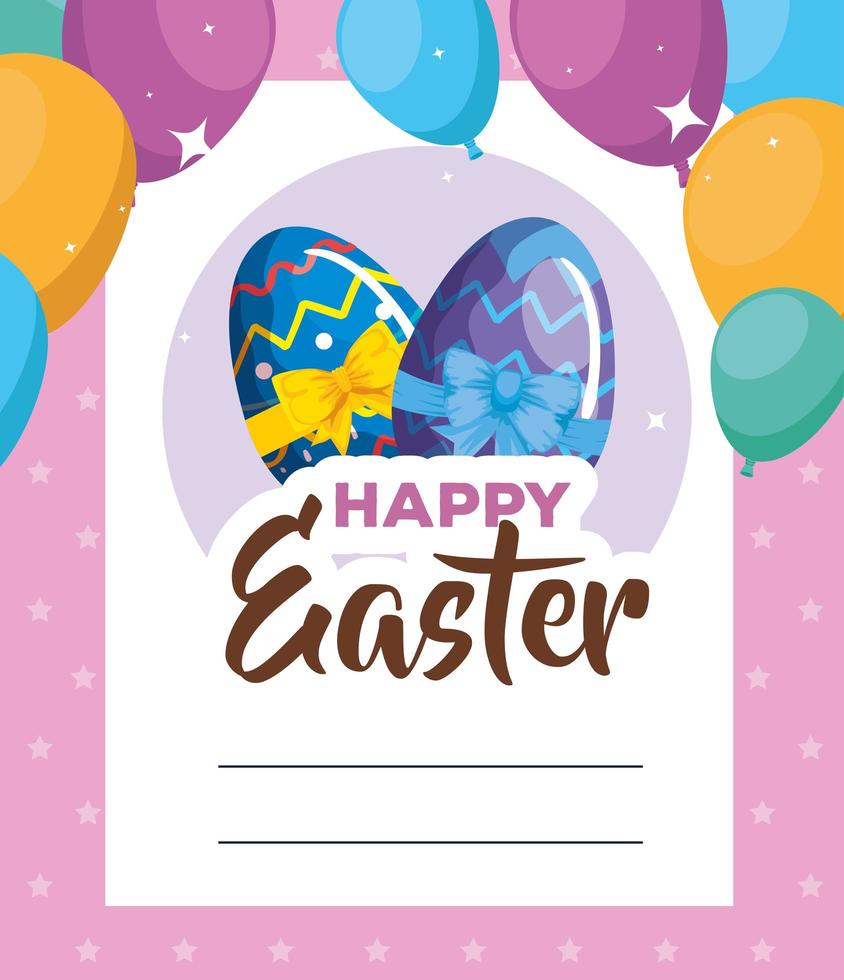 Tarjeta de feliz pascua con huevos decorados y globos de helio. vector