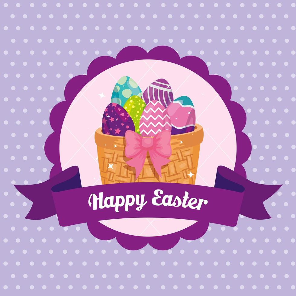 happy easter card with eggs decorated in basket wicker vector