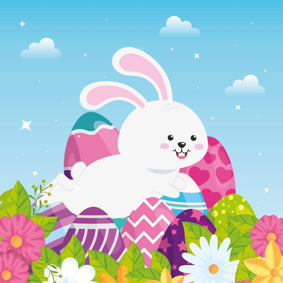 Conejo saltando con huevos de pascua decorados y flores. vector